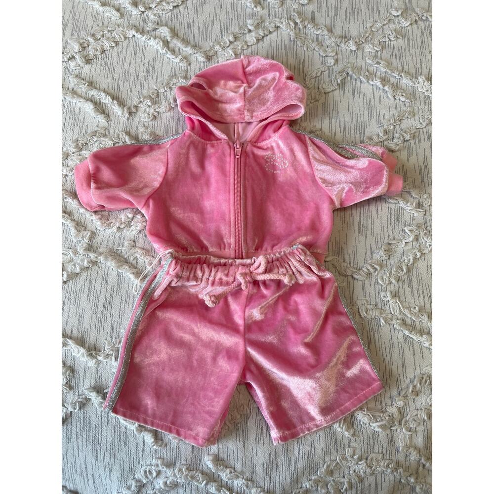 Build A Bear Workshop Pink Silver Glitter Accents Velvet Velour Hoodie Shorts